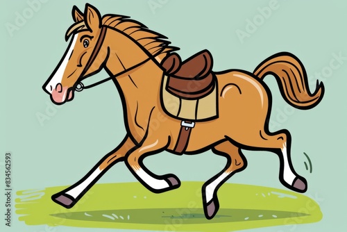 Cartoon cute doodles of a horse galloping with a saddle and reins  Generative AI