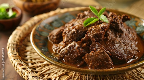 
traditions behind rendang, a famous Indonesian beef dish. Describe the cooking process, spices, and unique flavors photo