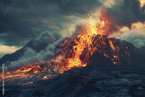 Volcanic eruption landscape with vintage style 