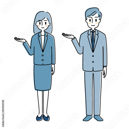 スーツ姿でご案内ポーズをとる男女のイラスト