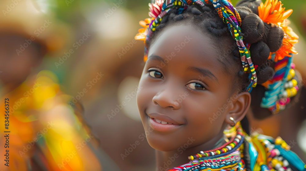 A young African girl in vibrant attire performs a traditional dance with grace, showcasing the rich and colorful culture and traditions of her heritage. A young African girl in vibrant attire performs a traditional dance with grace, showcasing the rich and colorful culture and traditions of her heritage.