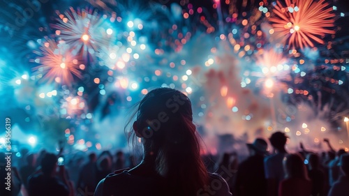 Silhouette of person watching vibrant fireworks display in the night sky, surrounded by a crowd enjoying the colorful celebration