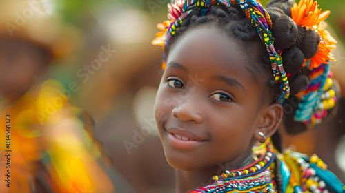 A young African girl in vibrant attire performs a traditional dance with grace, showcasing the rich and colorful culture and traditions of her heritage.