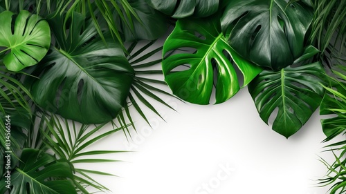 Isolate Dark green Monstera large leaves, philodendron tropical foliage plant growing in wild on white mable rock background concept for flat lay summer greenery leaf rainforest floral, generative ai photo