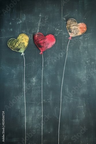 Colorful heart balloons in chalkboard style illustration