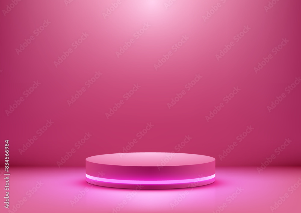 3D Bright Pink Podium with Neon Light, Modern Technology Concept
