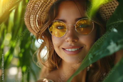 Smiling woman in straw hat and yellow sunglasses enjoying a sunny day amidst lush green foliage.