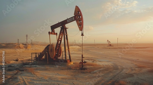 A rusty oil pump is in the desert photo