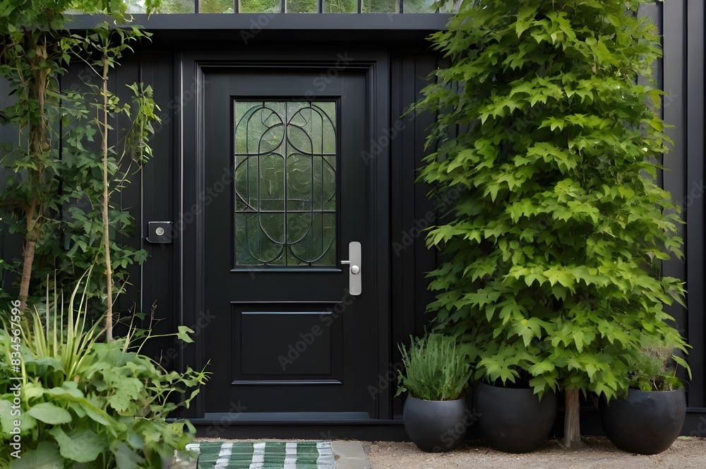 Fototapeta premium Black front door of green house, tree and bench.