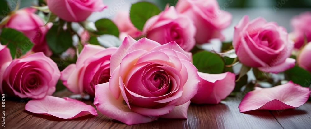 Fototapeta premium Petals pink rose with stem Pink Rose Petals Elegant Stem
