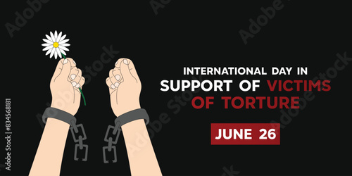 International Day in Support of Victims of Torture. Hand and flower. Perfect for cards, banners, posters, social media and more. Black background. 
