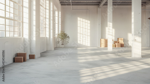 Warehouse interiors with ample spaces  natural light and copyspace.