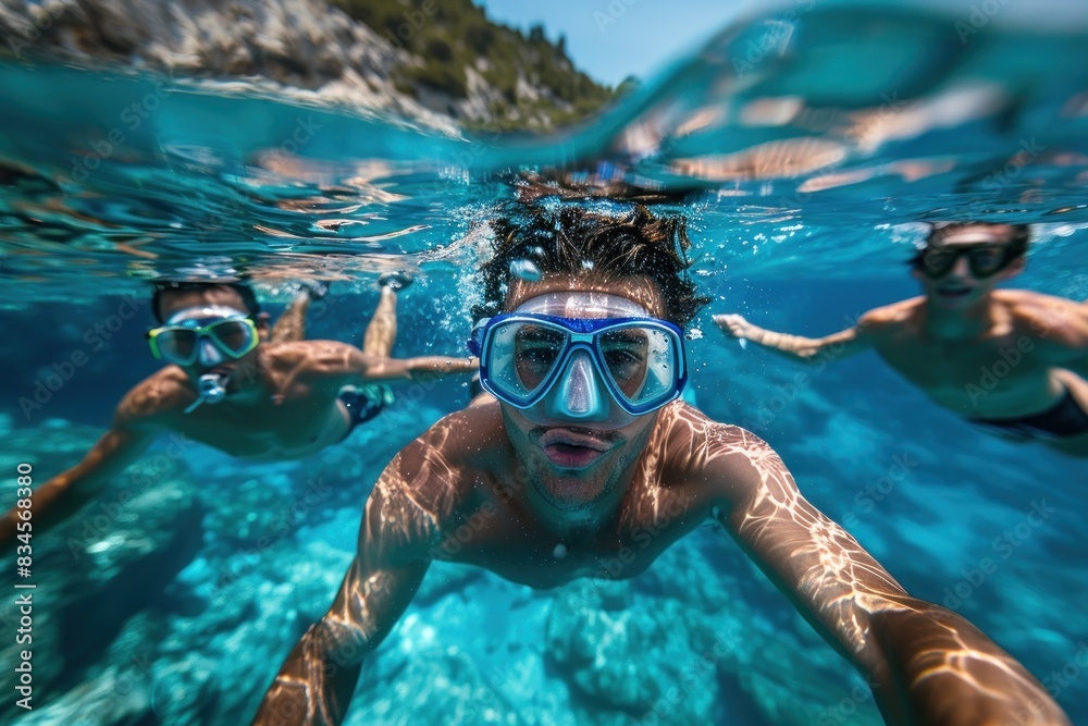 Fototapeta premium Friends diving off a yacht into the crystal-clear sea during a summer vacation. The close-up shot captures their joyful expressions and the exhilarating moment of the dive. The vibrant blue water and