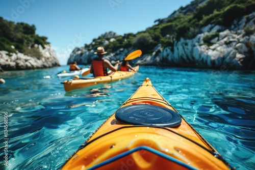 Friends kayaking near their yacht, exploring the clear blue waters during a summer vacation. The close-up shot captures their adventurous spirits and the stunning sea, with a picturesque island