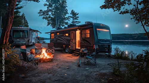 Cluster of RVs with campfire and cooking setup by the lakeside, peaceful evening light, no people