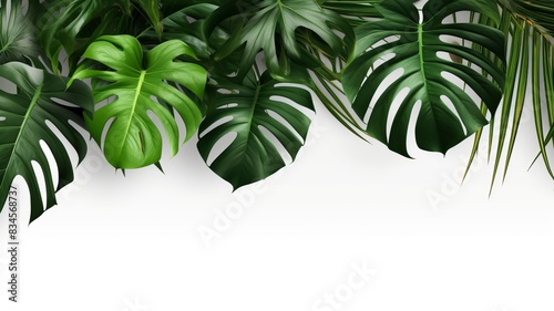 Isolate Dark green Monstera large leaves, philodendron tropical foliage plant growing in wild on white mable rock background concept for flat lay summer greenery leaf rainforest floral, generative ai photo