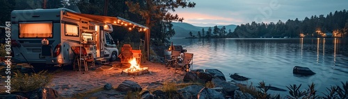 Group of motorhomes near the lake, campfire and cooking equipment, evening glow, no people