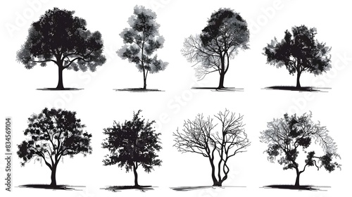 Tree silhouette set. CAD Drawing on white background