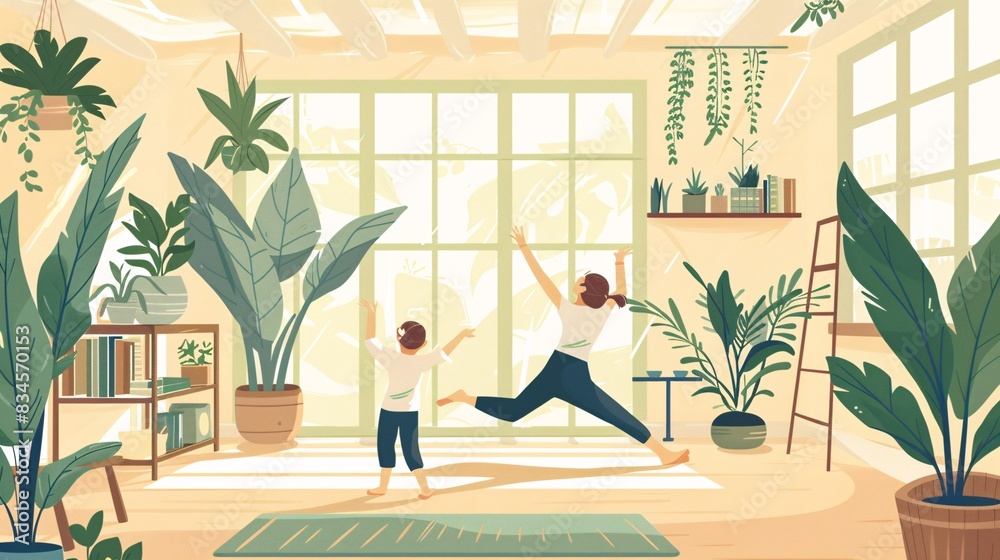 An illustration of a parent and child doing stretching exercises together in a sunny living room. An illustration of a parent and child doing stretching exercises together in a sunny living room.