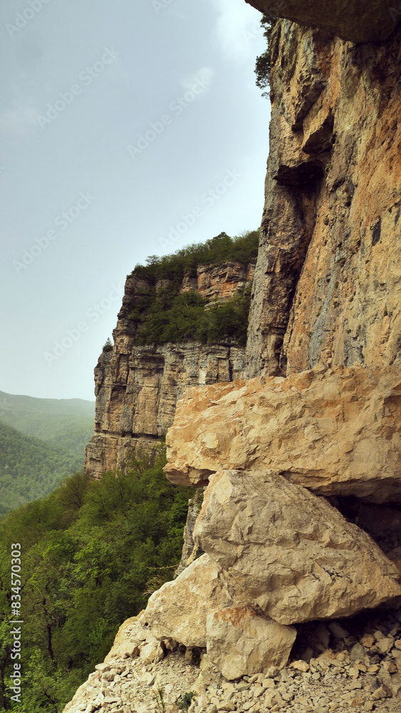 Fototapeta premium Stratified Cliffside Landscape. A rugged cliffside showcasing stratified sedimentary rock formations, surrounded by forested area under an overcast sky.