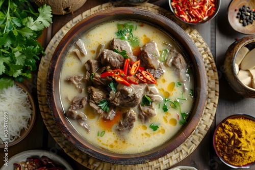 detail and specificity soto betawi, a traditional Jakarta beef soup with rich coconut milk broth. Depict the ingredients, spices, and serving style photo