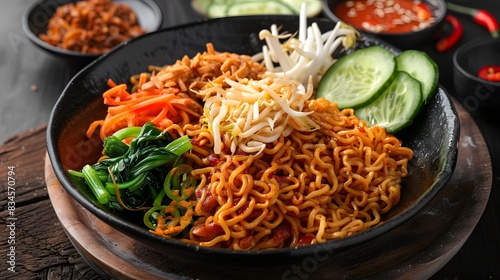 detail and specificity mie goreng, an Indonesian fried noodle dish with aromatic spices. Depict the ingredients, variations, and serving style