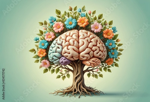 Illustrate a brain as a flourishing tree with deep roots, set against a serene pastel background, representing the concept of intellectual cultivation and the blossoming of ideas