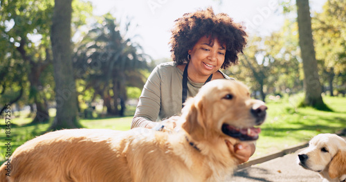 Photography Park, friends and black woman with dog in nature for walking, playing and training outdoors together