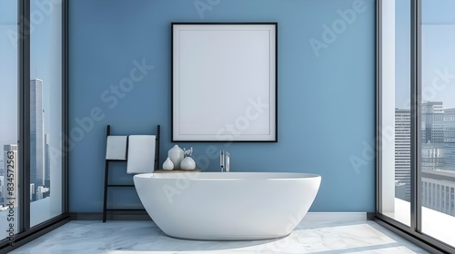 Modern bathroom interior with bathtub and framed poster on blue wall  cityscape view