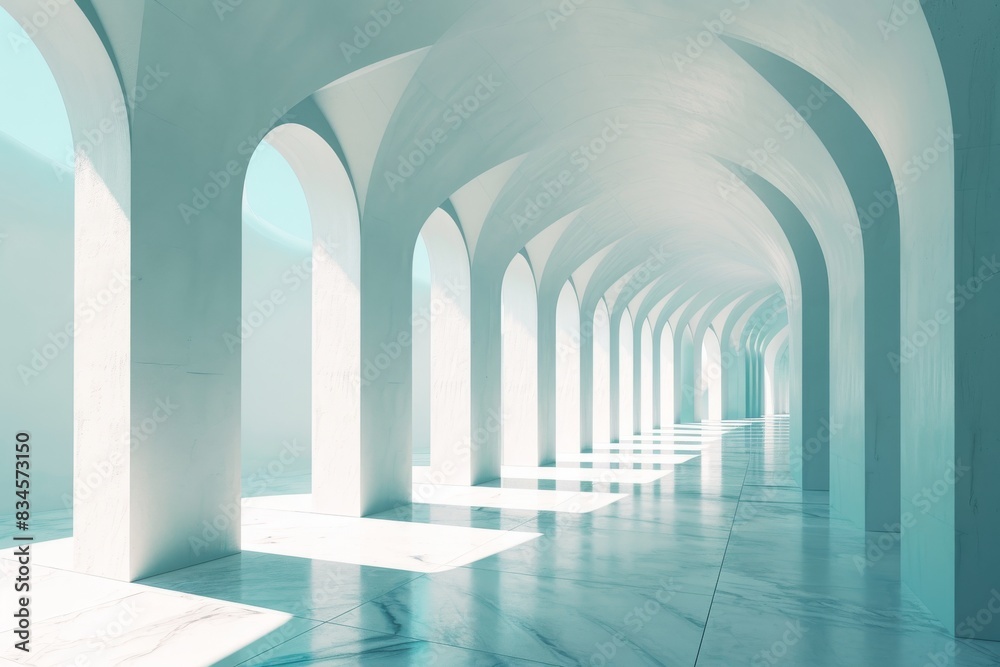 Obraz premium Airy widescreen minimalistic white and light blue architectural background banner with tilted columns, AI-generated