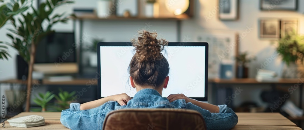 An empty, minimalist desktop on a computer screen, symbolizing efficiency, contrasts with the figure in the background, subtly rubbing their shoulders in discomfort from prolonged sitting.
