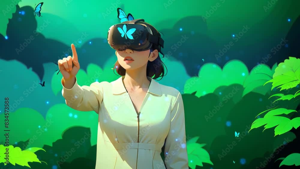Young Creative Female Putting On a Virtual Reality Headset at Forest. She Enters Animated Digital cartoon Universe with Avatars. Next Generation Immersive Social Media Online Metaverse Platform.