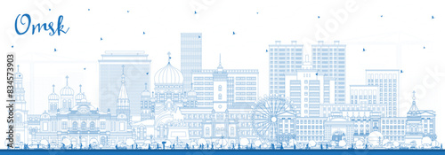Outline Omsk Russia city skyline with blue buildings. Omsk cityscape with landmarks. Business travel and tourism concept with modern and historic architecture.
