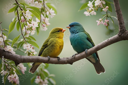 A pair of a tiny little birds on a bench of a tree