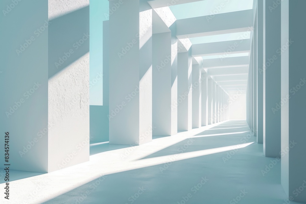 Fototapeta premium Airy widescreen minimalistic white and light blue architectural background banner with tilted columns, AI-generated