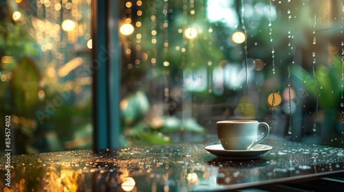 Rain on the window of a modern cafe and coffee on the table