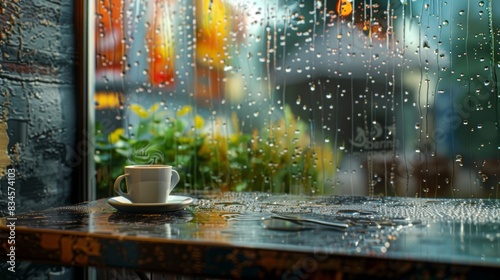 Rain on the window of a modern cafe and coffee on the table