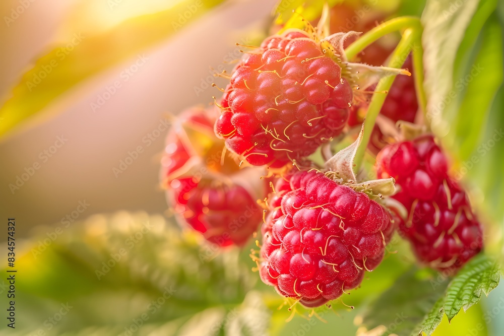 Ripe Red Raspberries Growing on Bush in Summer Sunlight. Ripe Red Raspberries Growing on Bush in Summer Sunlight.