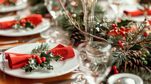 Photo of a festive holiday table set with red and white plates, red napkins with holly accents, crystal glasses, and gold flatware, featuring a lush centerpiece of pine, berries, and pinecones. © mashimara