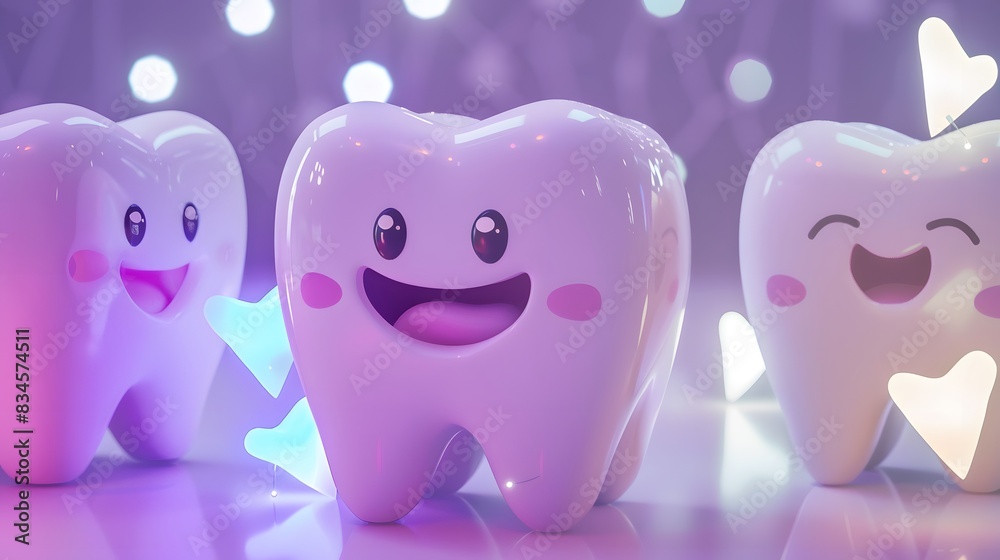 Smiling Cartoon Teeth With Pink Cheeks and Hearts on a Purple Background. Smiling Cartoon Teeth With Pink Cheeks and Hearts on a Purple Background.