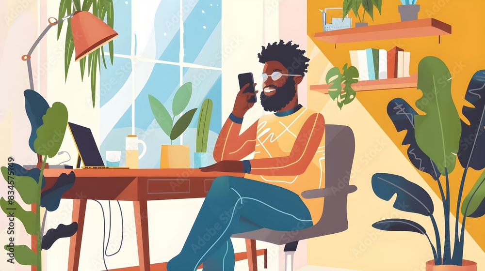 Fototapeta premium Happy freelancer talking on smart phone at desk in home 