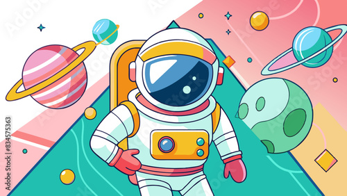 Colorful Astronaut in Vibrant Space with Planets Illustration