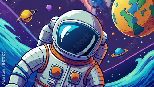 Colorful Astronaut in Space with Vibrant Planets Illustration