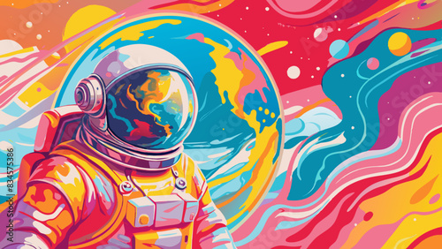 Vibrant Cosmic Explorer: Astronaut Gazing at Earth Amidst Colorful Nebulae