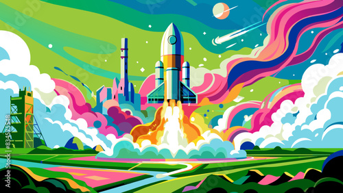 Colorful Spaceship Launching from Earth with Vibrant Cosmic Background