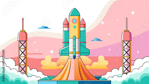 Vibrant Cartoon Rocket Launch with Clouds and Twilight Sky