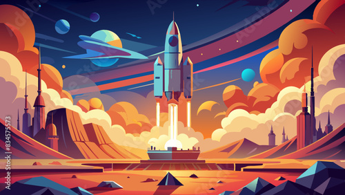 Vibrant Retro-Futuristic Space Rocket Launch Scene Illustration