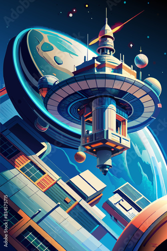 Vibrant Retro-Futuristic Space Station Orbiting Earth