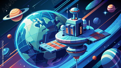 Futuristic Space Station Orbiting Earth in Vibrant Cosmic Setting