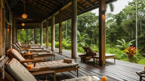 Photo of a luxurious wooden deck with lounge chairs overlooking a lush tropical forest.